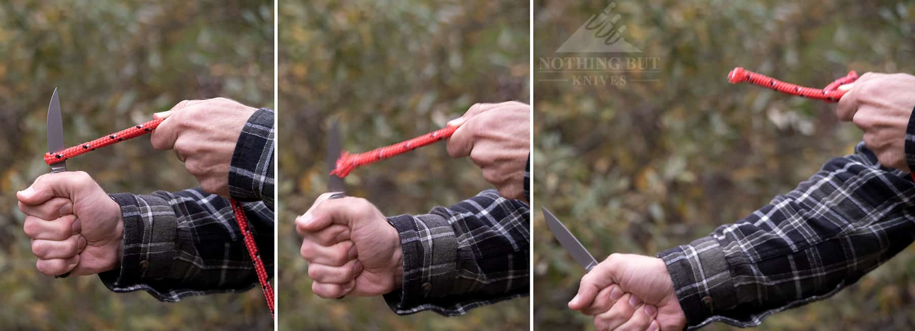 An three image collage showing the Civivi Crit slicing through a rope to highlight the sharpness of the blades edge. 