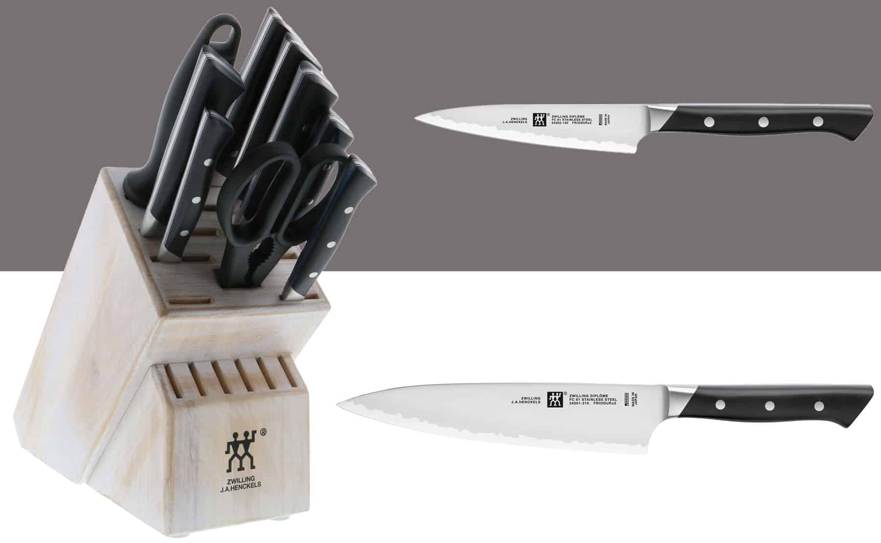 This graphic shows a Zwilling Diplome knife set and two knives to give the reader a good overview of the looks and build quality of this knife series.