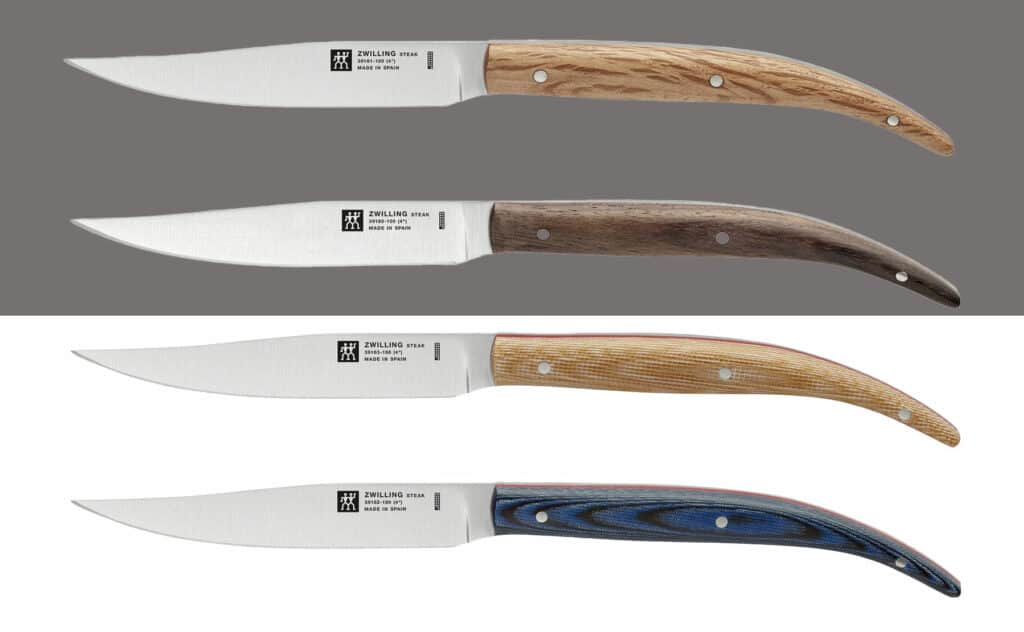 Graphic showing four different types of Zwilling Toro steak knives. 