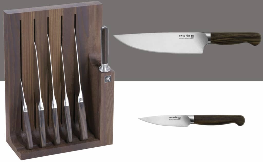 A Zwilling Twin 1731 Knife set with profile shots of the 8 inch chef knife and 3 inch paring knife.