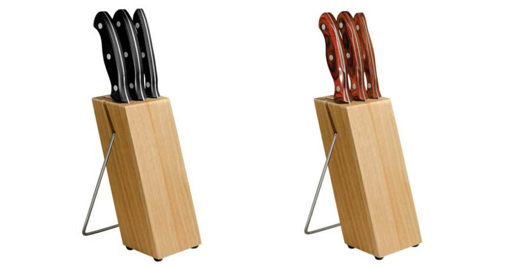 Best Kitchen Knife Sets Under $200 - 2023 Update 5 The two different versions of the Buck four piece cutlery knife set shown inside their storage blocks on a white background.