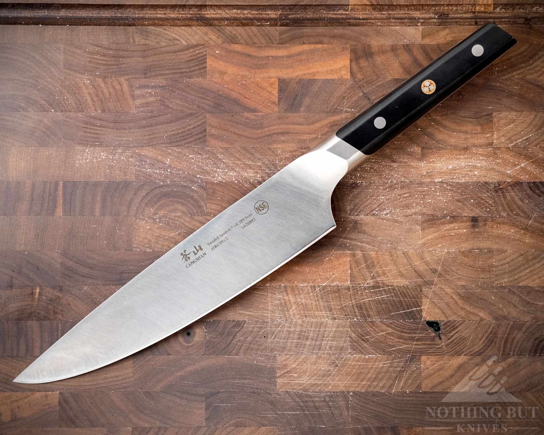 A photo from a high angle to show the long neck of the Cangshan TC chef knife.
