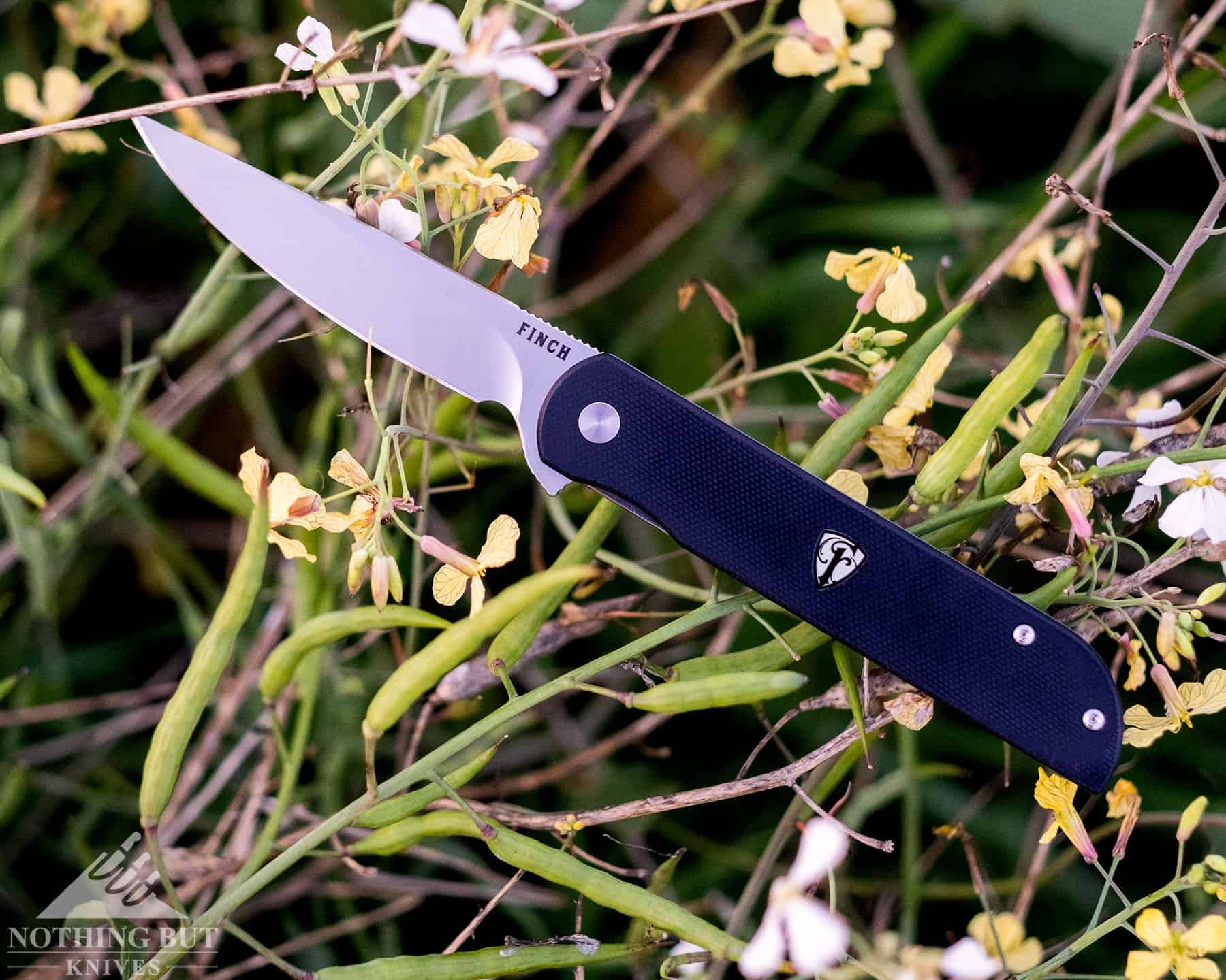 Finch folding knife laying in the grass of a field. 