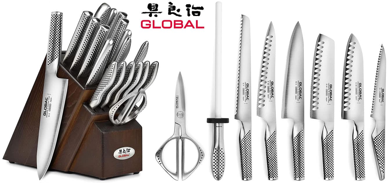 20 piece knife set from Global. This image shows the knives outside the storage block and inside the storage block to give the viewer an idea of the scale and the types of knives included in the set. 