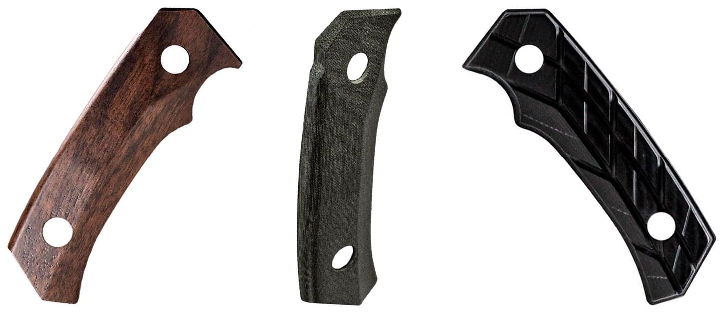 Woox Rock 62 Knife Review - Image 6 Three of the Woox Rock 62 handle scale options and upgrades.