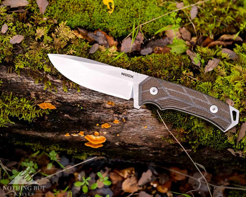 the Woox Rock 62 knife sitting on a mossy log in a green forest.