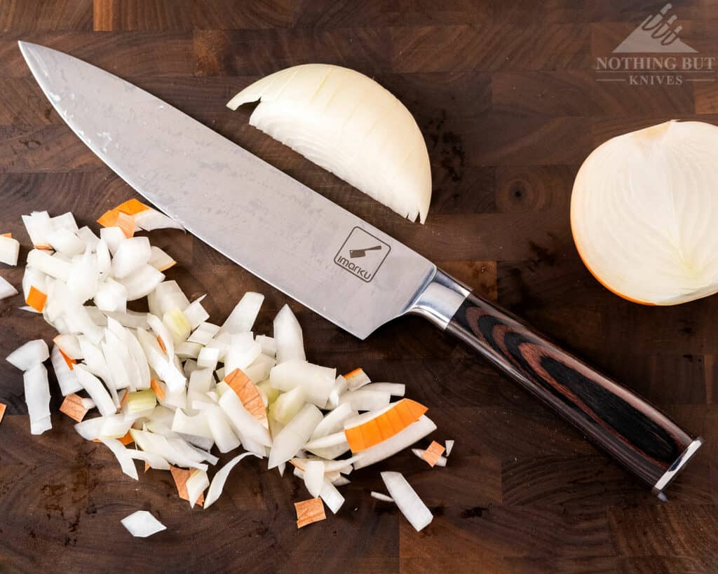 Imarku 16 Piece Japanese Knife Set Review - Image 18 Imarku 16 Piece Japanese Knife Set Review - Image 15: Imarku 8 Inch Chef Knife With Chopped Onions