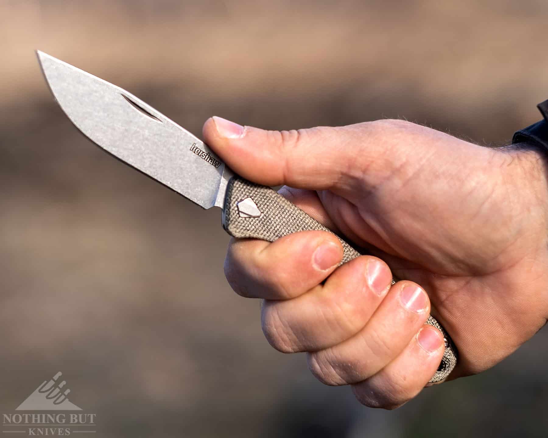 The Federalist in a person's hand with the thumb on the spine of the blade to show jimping placement. 