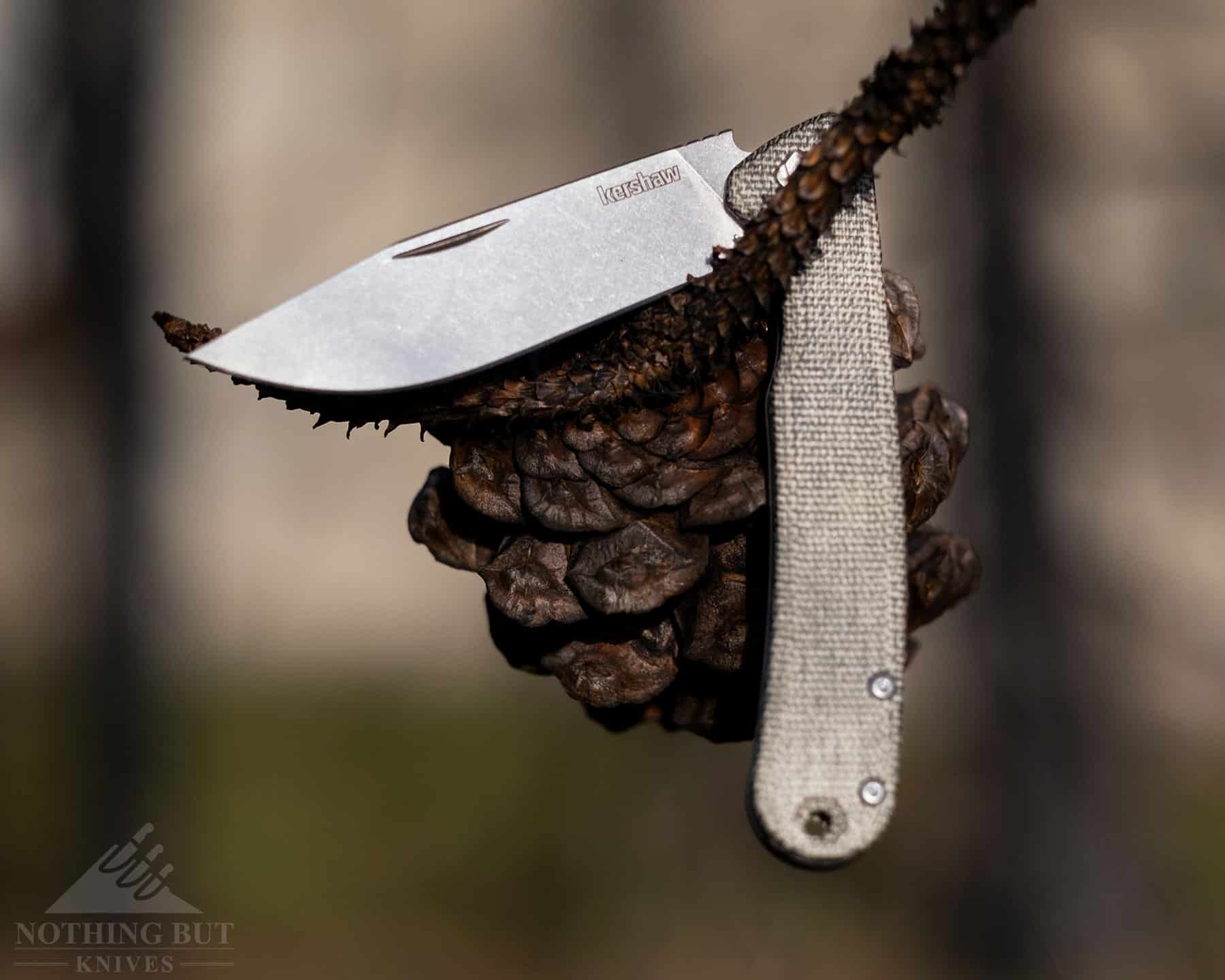 The Kershaw Federalist slipjoint knife in the half open position to show the double detent locking system in use. 