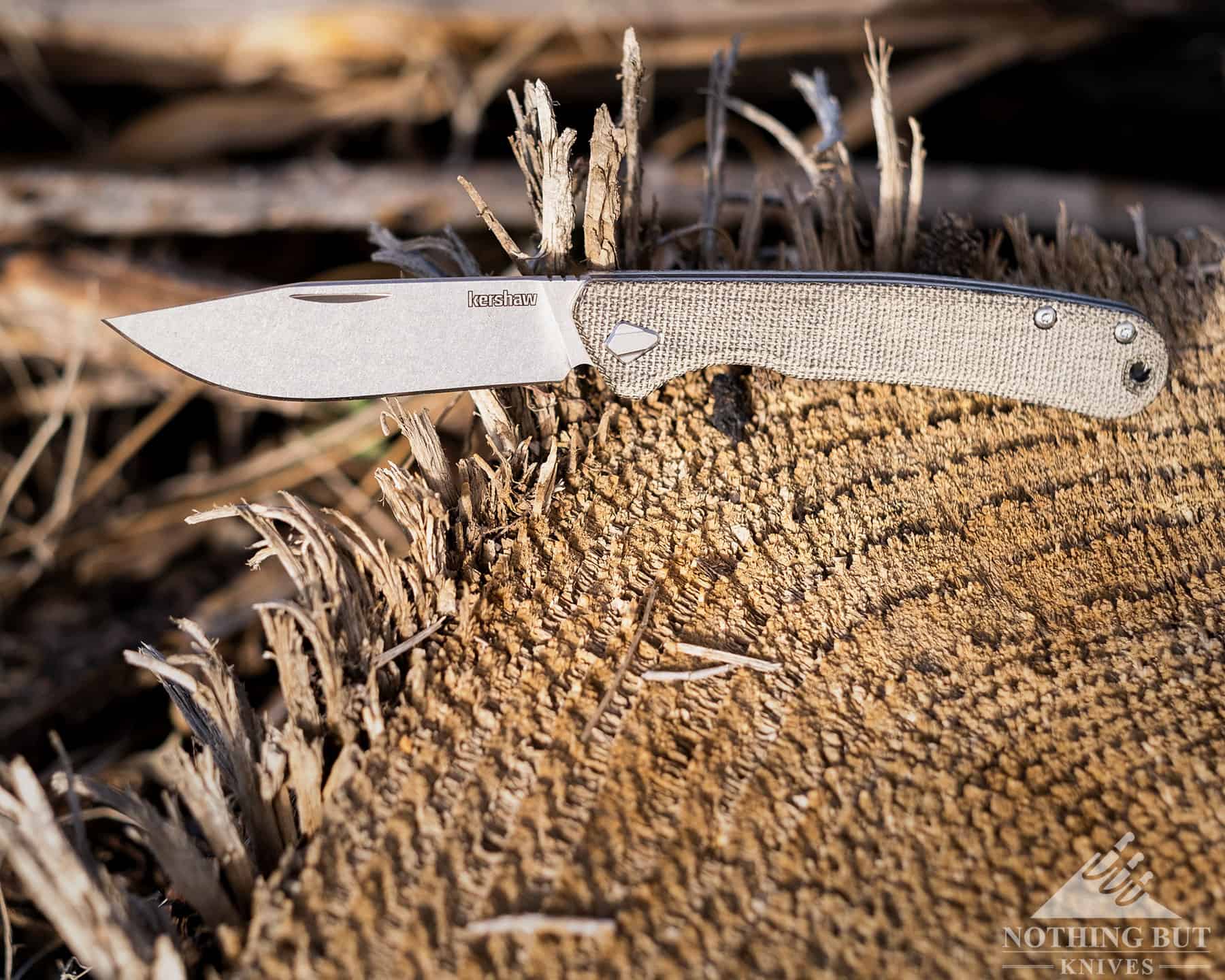 This image shows the dry texture of the Kershaw Federalist's dry Micarta handle scales. 