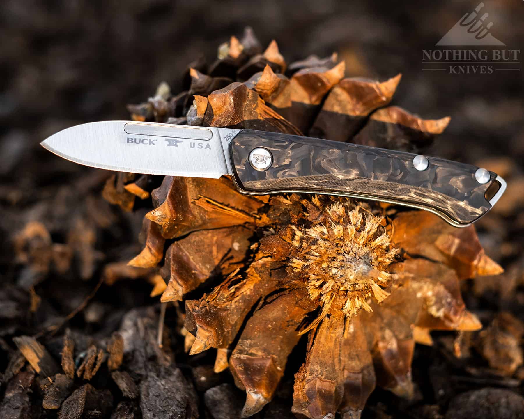 The Buck Saunter is a model style slip joint knife. It is shown here outdoors on a pinecone. 