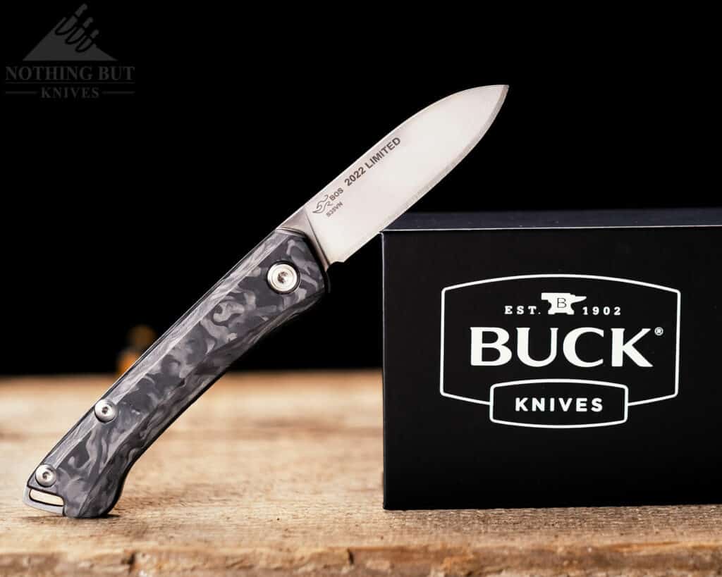 The Buck Saunter slip joint is a practical knife with great lines and a comfortable handle. It is shown here with the box it ships in. 