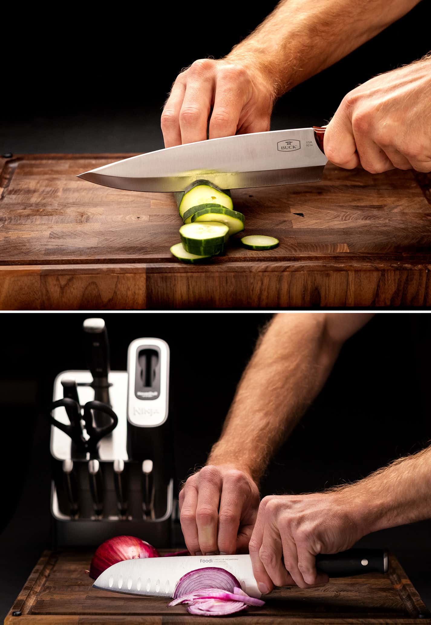 A two image collage showing Buck and Ninja Foodi 32009 knife sets in action. These were two of our favorite knife sets under $200 in 2022