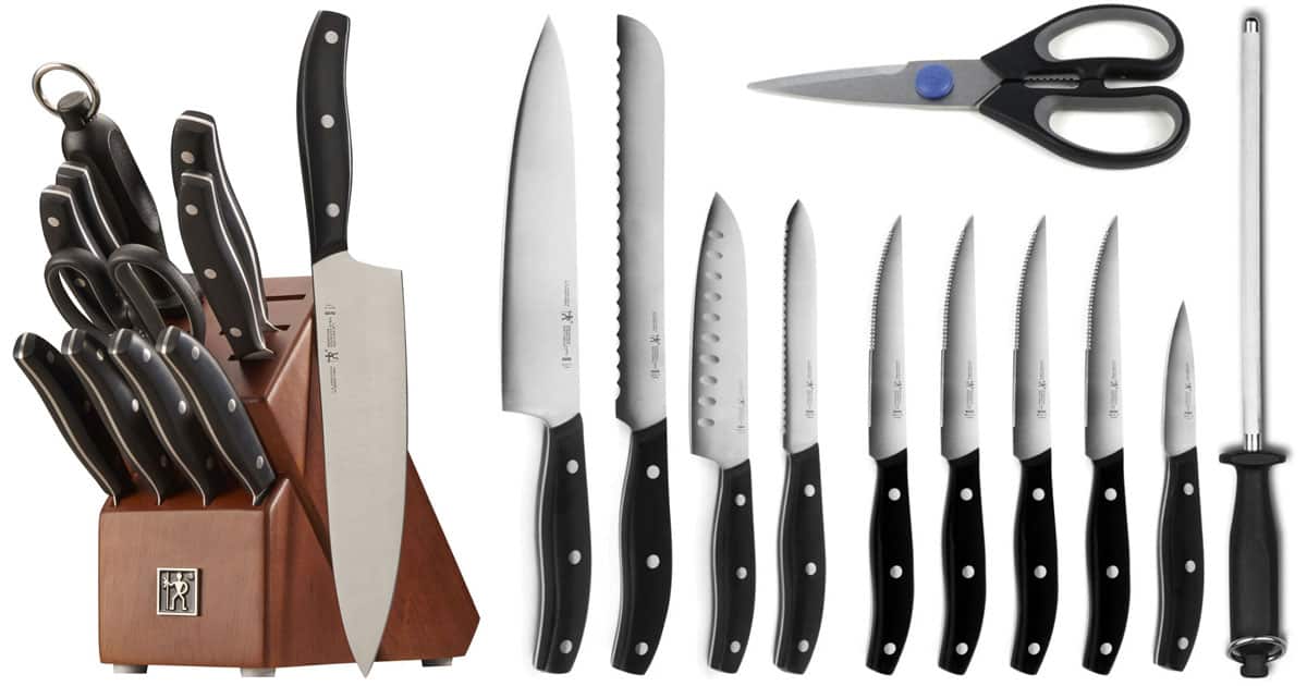 Best Kitchen Knife Sets Under $100 - 2023 Update 11 Henckels Definition 12 Piece knife set with cherry wood storage block. The contents of this set are all shown here on a white background.