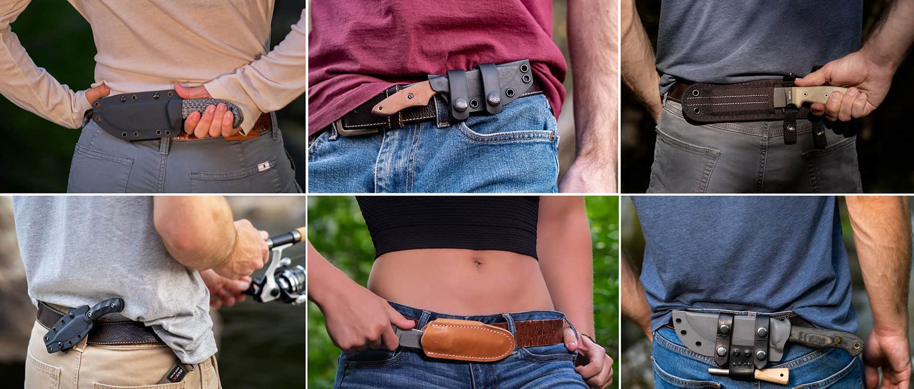 There are a variety of of horizontal carry options available depending on the type of sheath a knife ships with. There are six variations shown in this image.