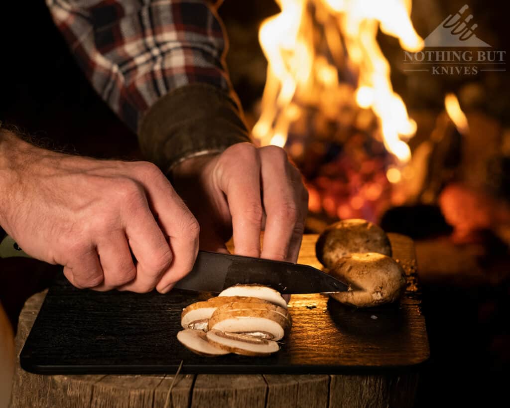 Our Search For The Best Camping Chef Knife 9 This image shows the CJRB Silax slicing mushrooms at a campsite to show it's food prep ability.
