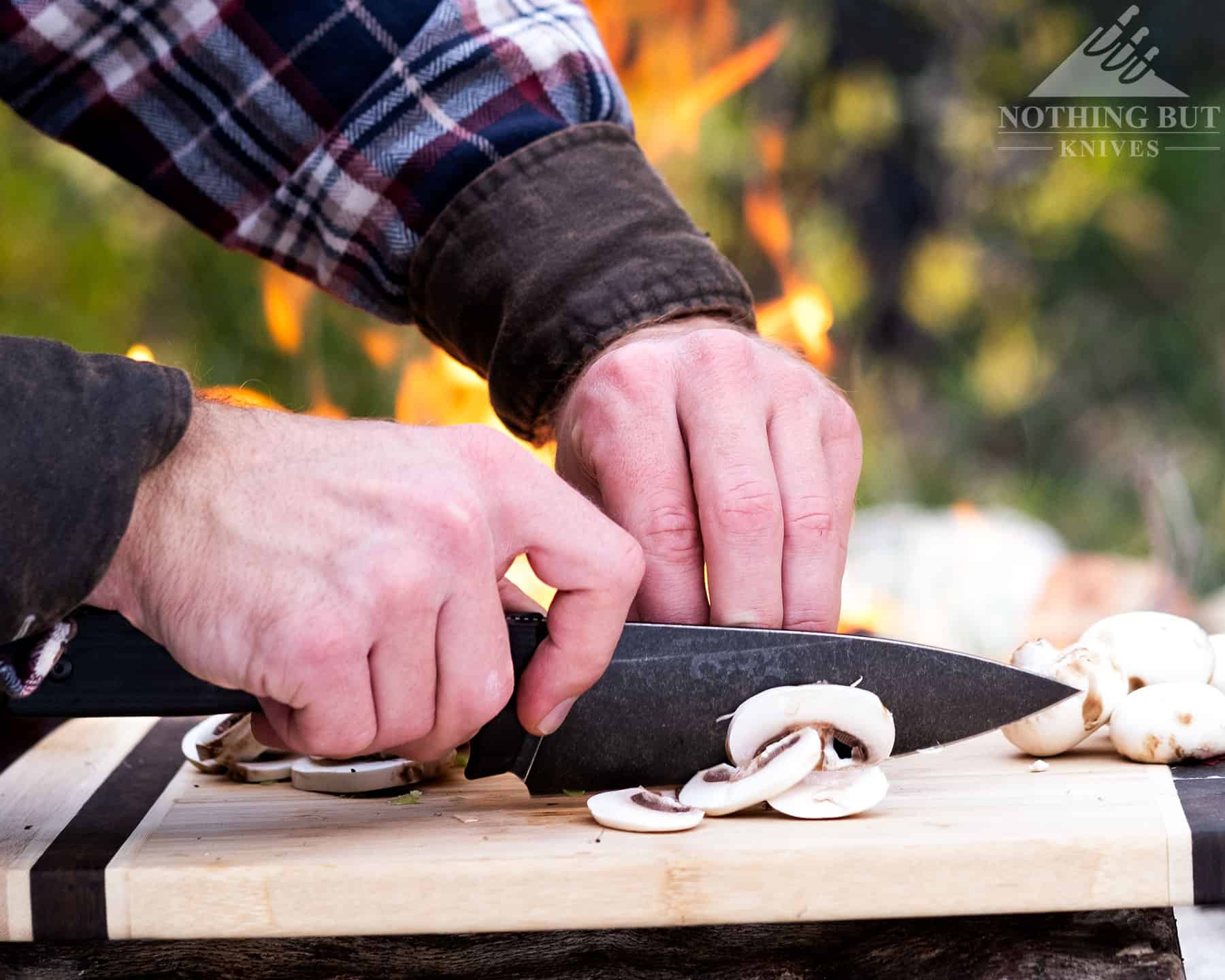 The Off-Grid Sierra has a blade that is a little shorter than a conventional chef kniofe blade, but it is more than capable around a campfire. 