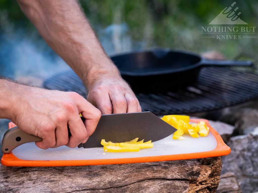 The comfortable handle and slicey blade of the Grizzly V2 combine to make it a top pick for camp cooking.