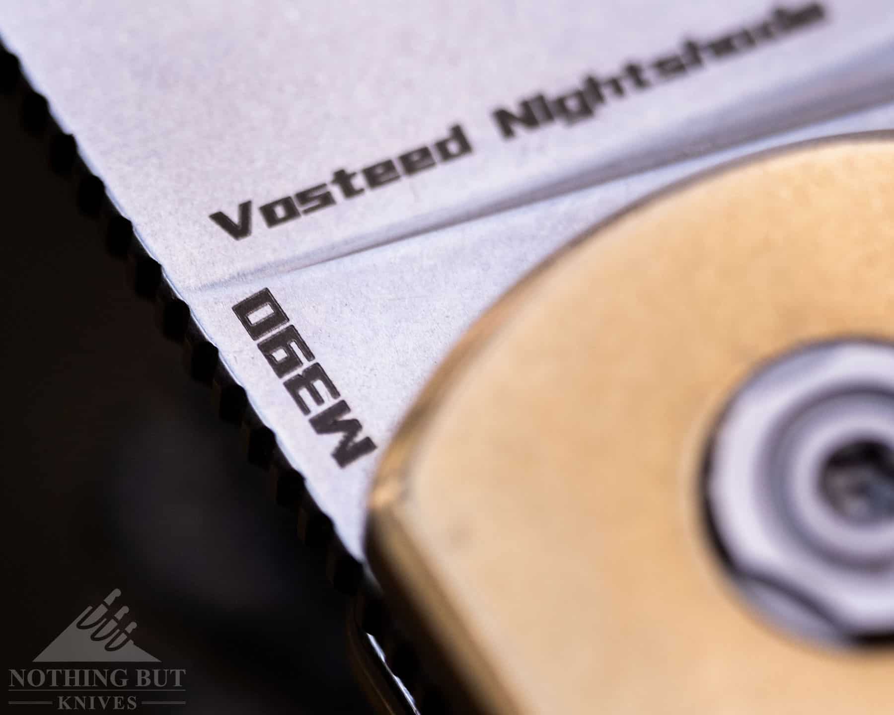 Macro image showing the Bohler M390 steel logo on the blade of the Nightshade. 