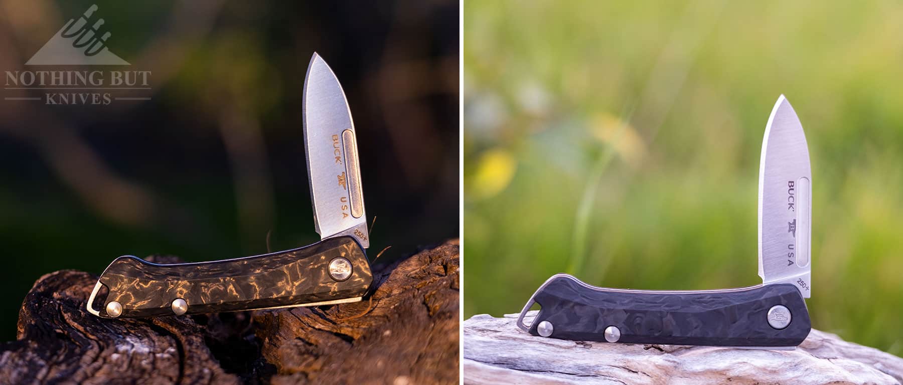 Two images of the Buck Saunter in different types of light to show how the carbon fiber handle changes color.