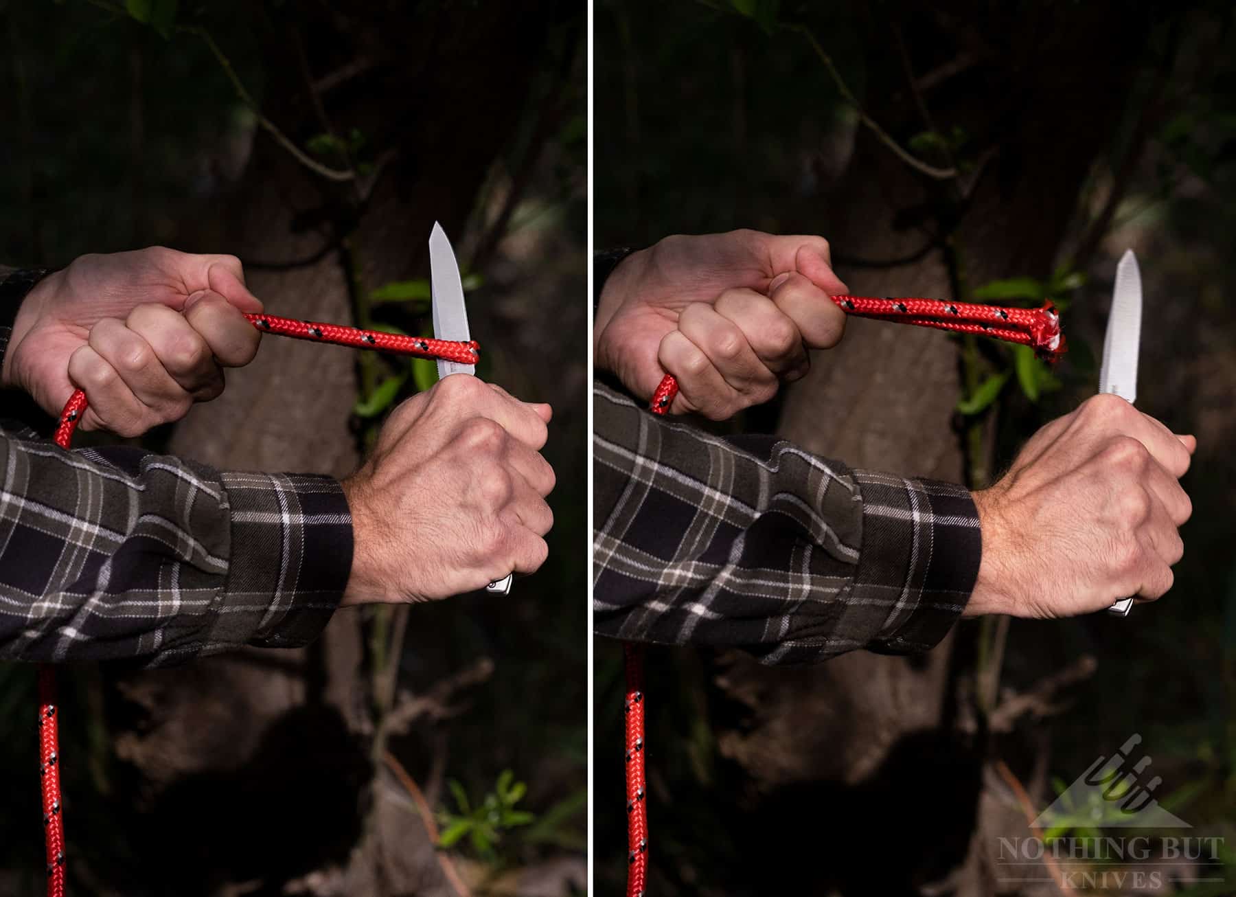 The Facet is a fairly effortless slicer. This two image collage show a before and after of a rope being cut.