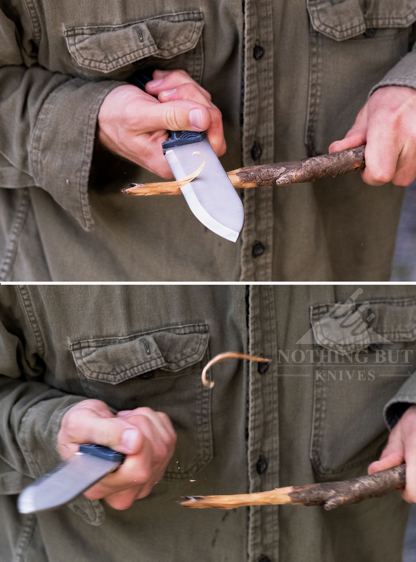 Two image collage of a person carving utilizing the chest lever grip. 