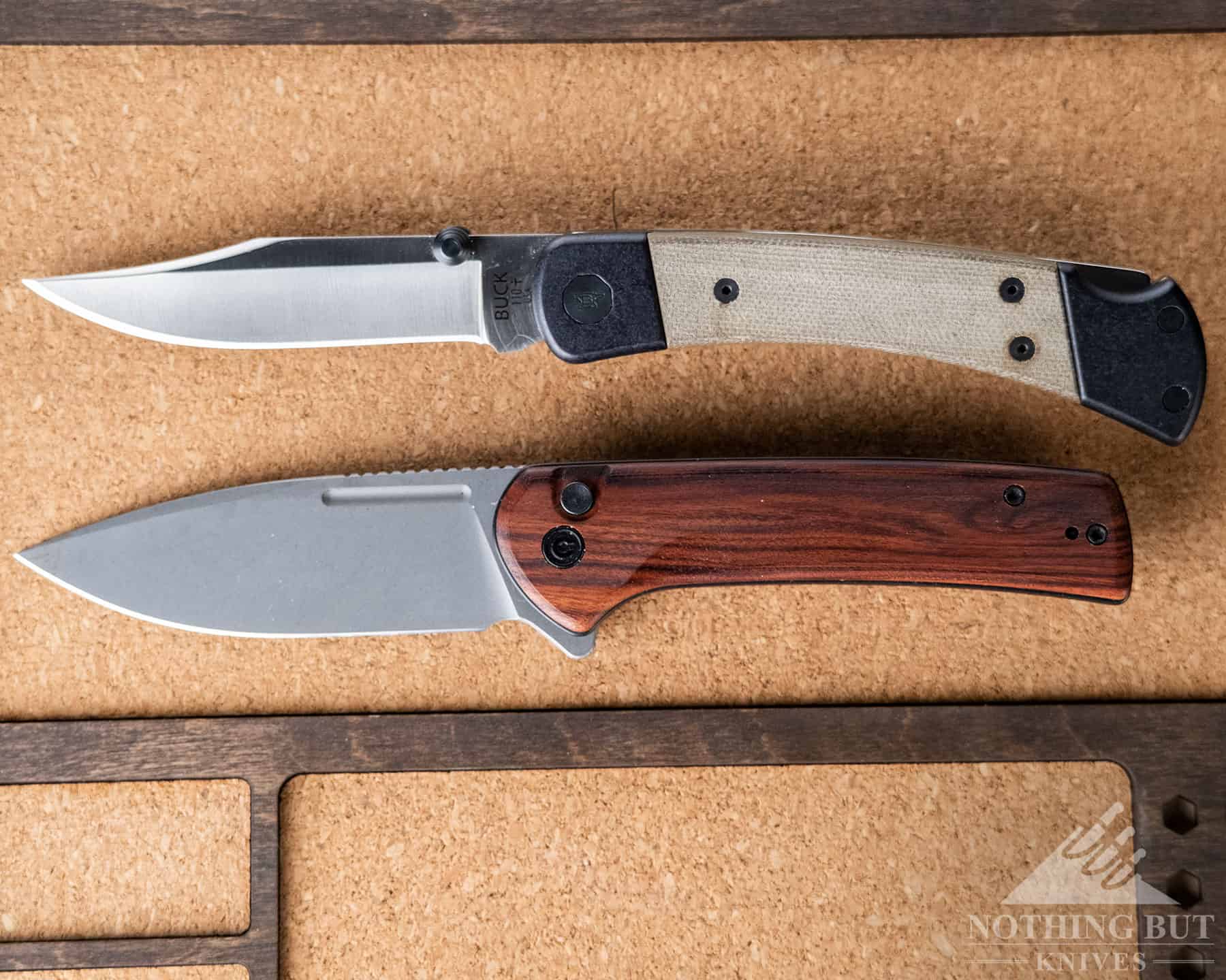 A size comparison between the Bucck 110 Hunter Sport and the Civivi Conapirator.