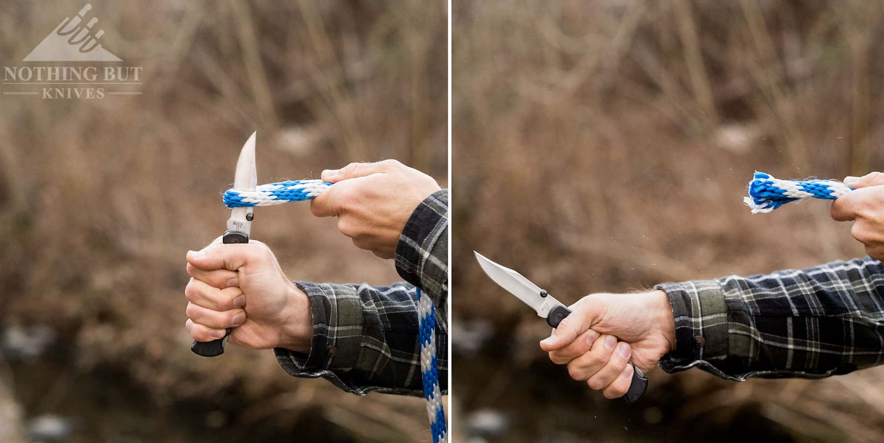 A two image collage of the Buck 110 Hunter Sport cutting through rope. 