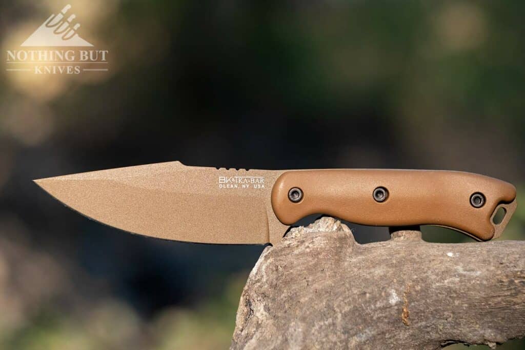 The Ka-Bar Becker BK18 Harpoon fixed blade survival knife outdoors.