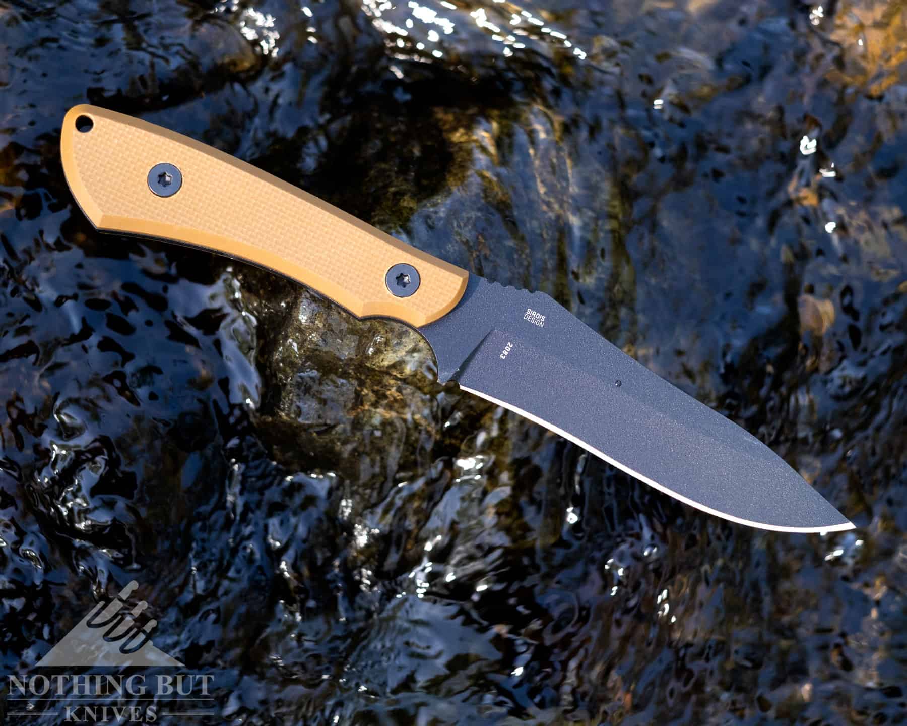 The CRKT Ramadi fixed blade knife on a rock in a creek to illustrate the knife's lack of corrosion resistance.