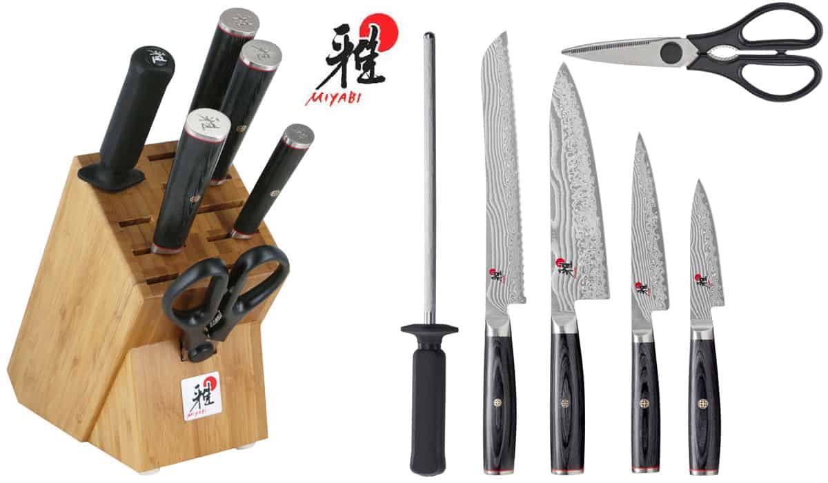 This image show the Miyabi Kaizen II 7 piece knife set with the knives inside the storage block on the left side of the graphic and the knives outside the storage block on the right side. 