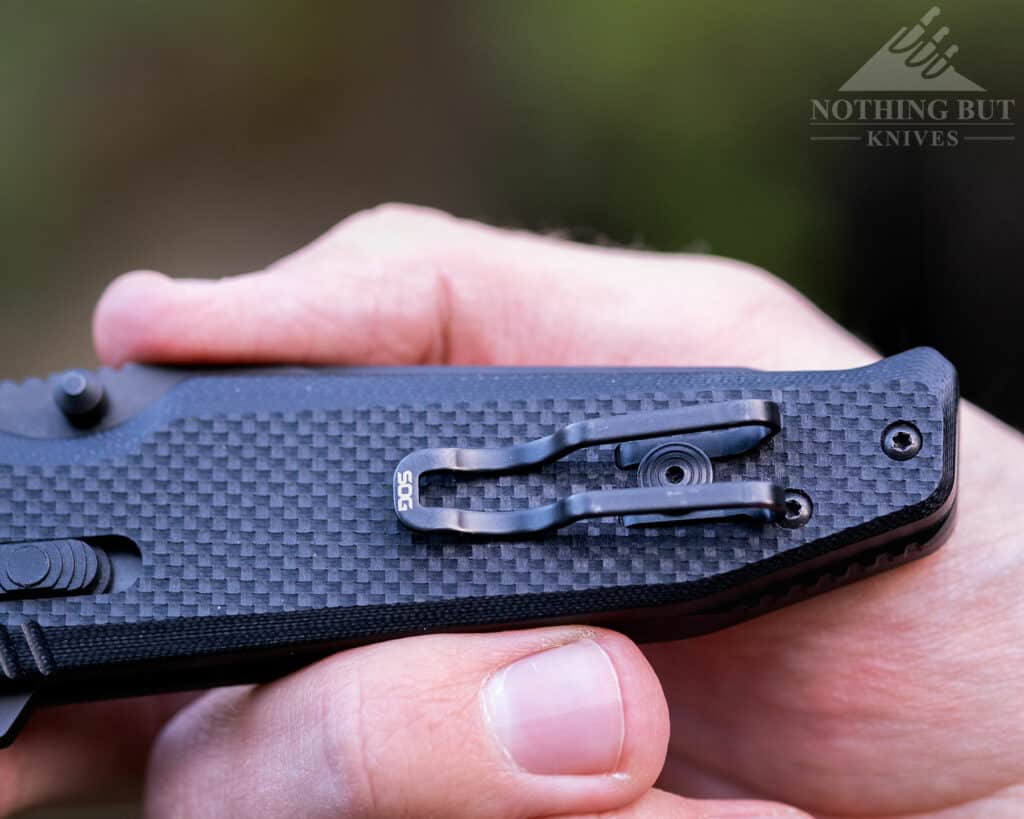 A close-up of the SOG Vision XR's ambidextrous pocket clip.