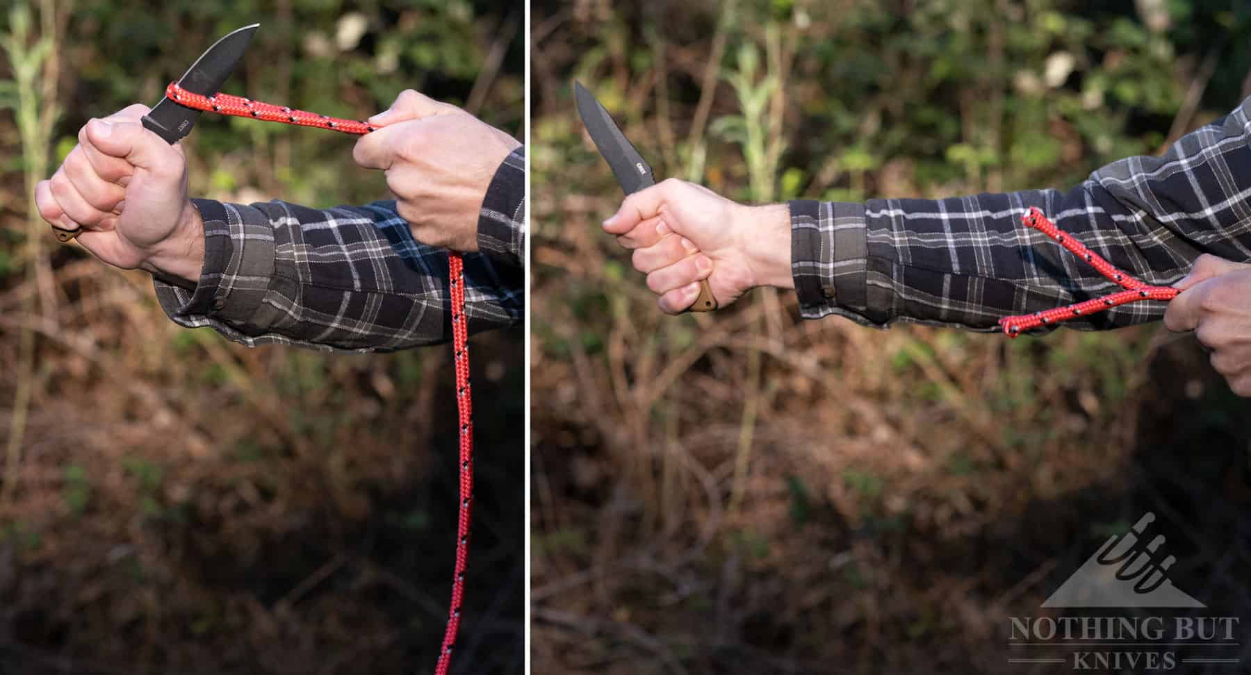 This two image collage shows the Ramadi slicing through a length of rope. 