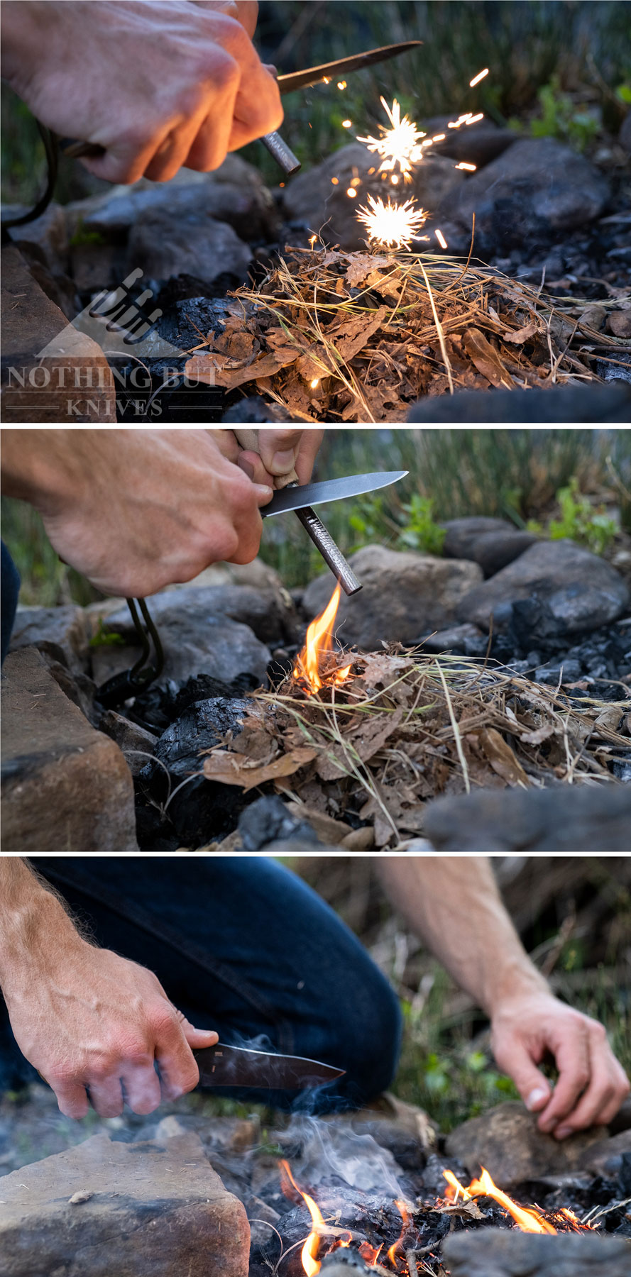 A tryptic image showing the process of starting a fire with the CRKT Ramadi. 