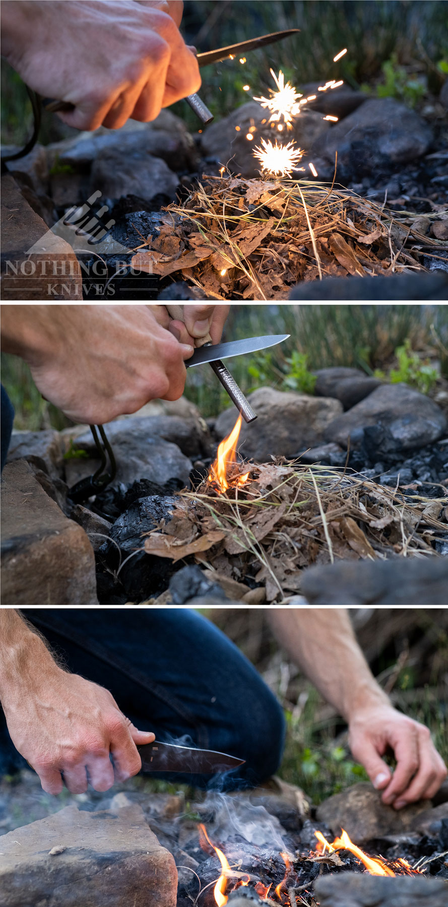 Crkt Ramadi Review - Image 5 A tryptic image showing the process of starting a fire with the CRKT Ramadi.