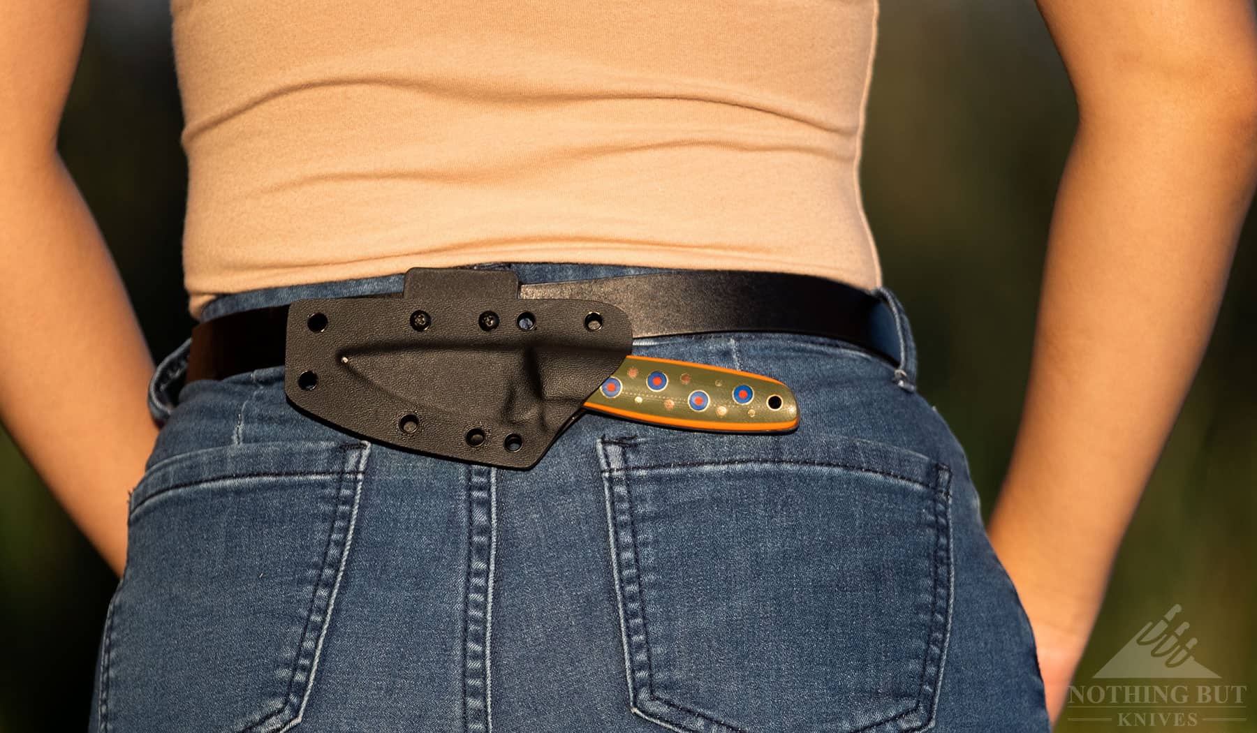 The Boker Plus makes a great backing knife, because it is lightweight, and the sheath can be configured for vertical or horizontal carry on a belt or backpack.