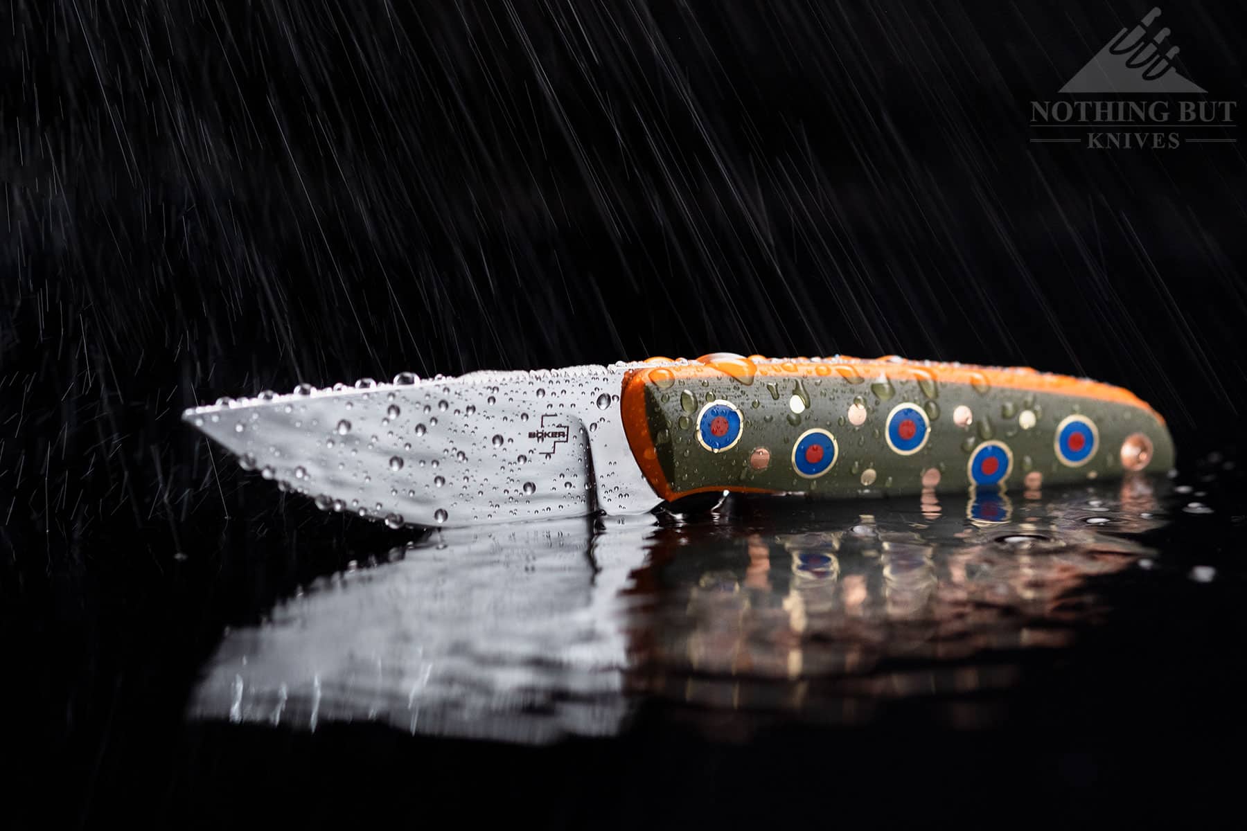 The Boker Plus The Brook fixed blade knife in water to illustrate the corrosion resistance of the steel blade.