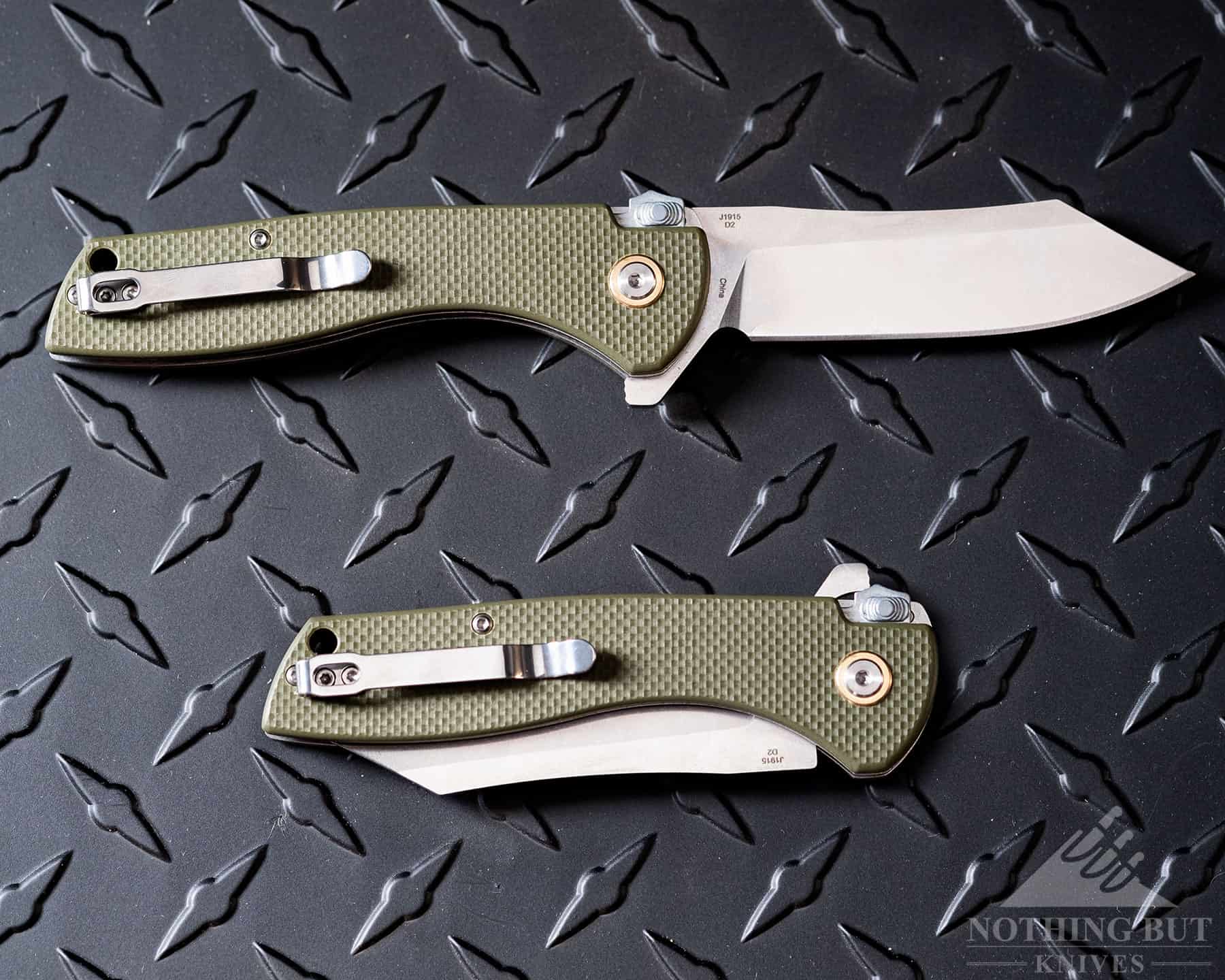 The OD green version of the CJRB Kicker folding knife in the open position on top and closed position on the bottom.