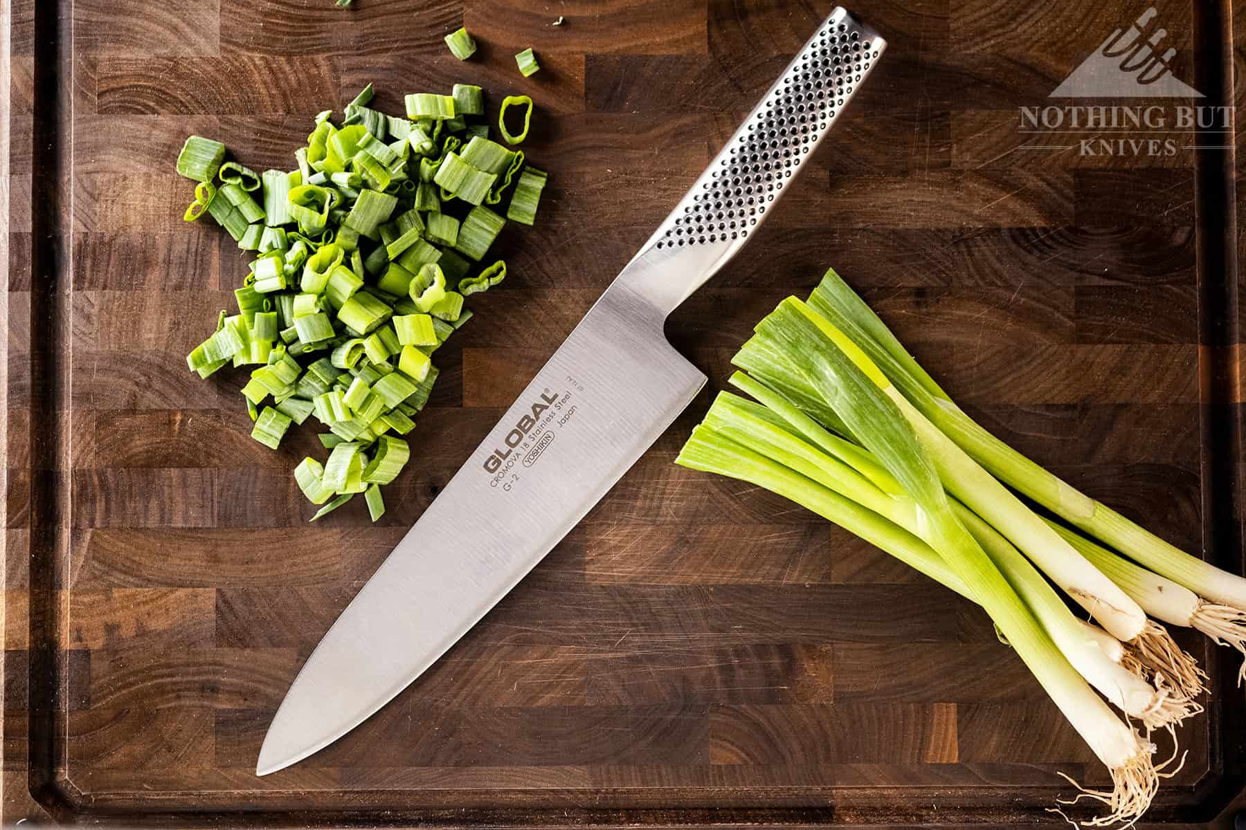 The Glabal G-2 chef knife easily diced up these green onions.