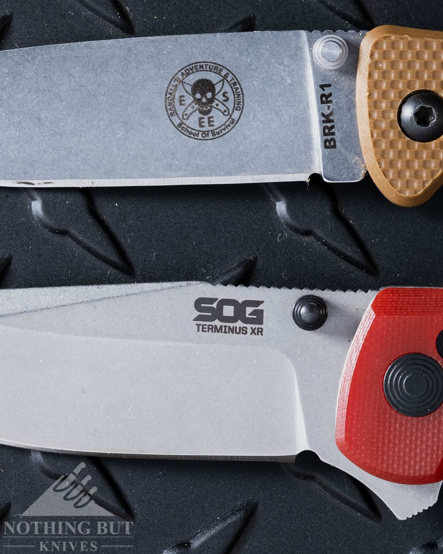 Close-up of the brand logos on two hard-use knives.