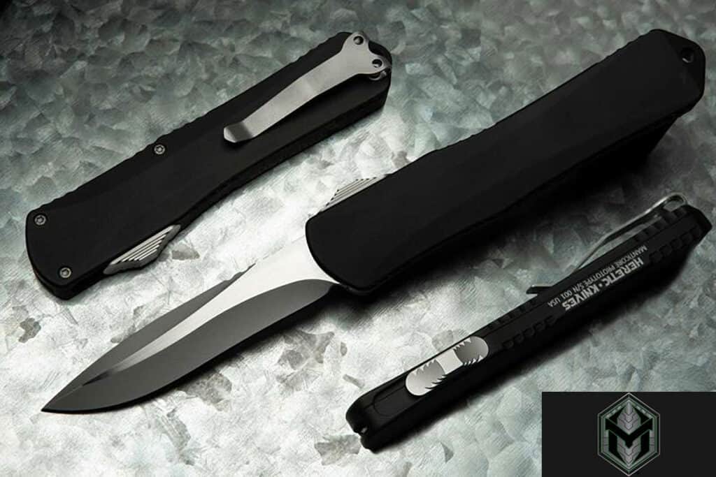 Heretic OTF knife with the blade in and out to show size and scale.