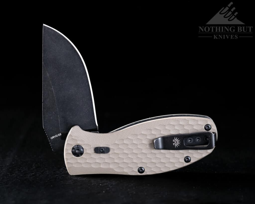 Best Hard Use Pocket Knives Under $50 And $100 - Image 40 The Coyote version of the Off-Grid Badger with the slide lock facing forward.