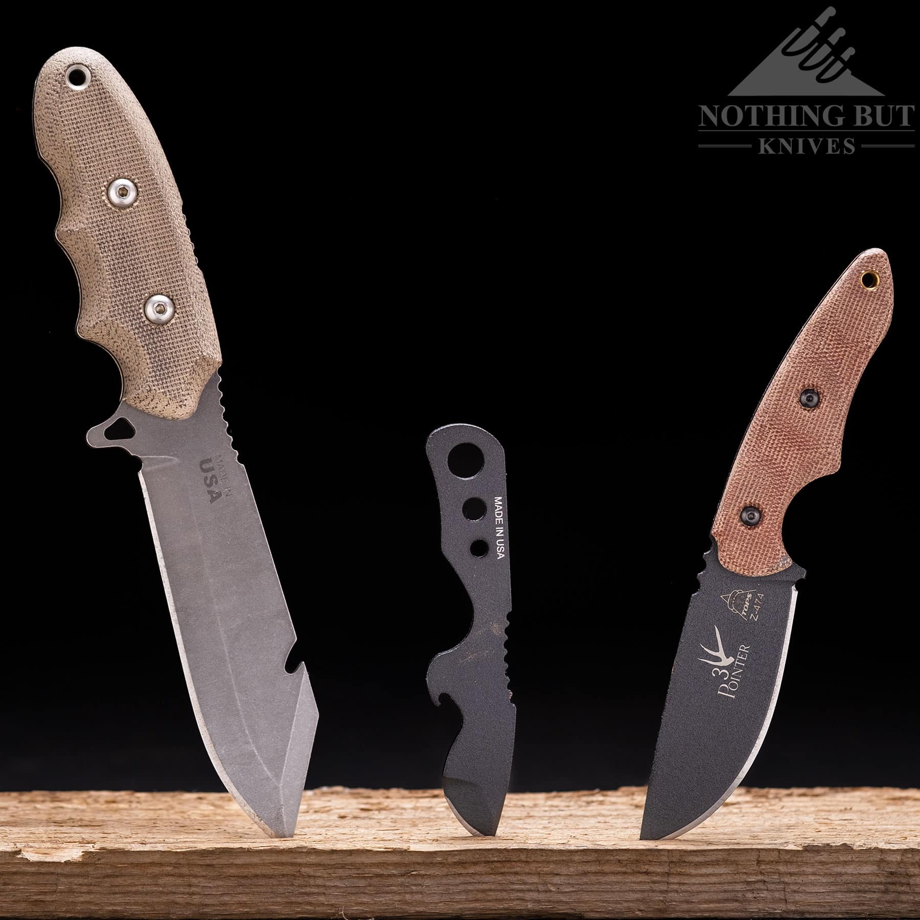 Three TOPS fixed blade knives of various sizes and styles to show the diversity of option offered by TOPS Knives.