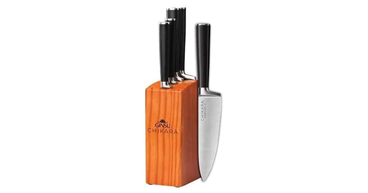 The Ginsu Chikara 5 piece knife set is a great budget option for small spaces with limited surface space.