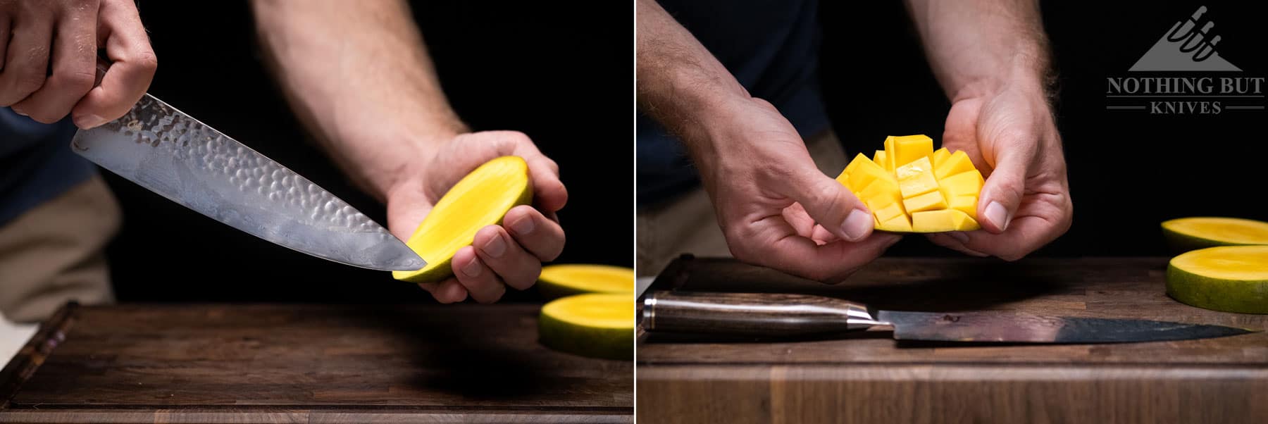 This two image montage shows the Shun Premier chef knife being used to dice a Mango with the skin still attached.