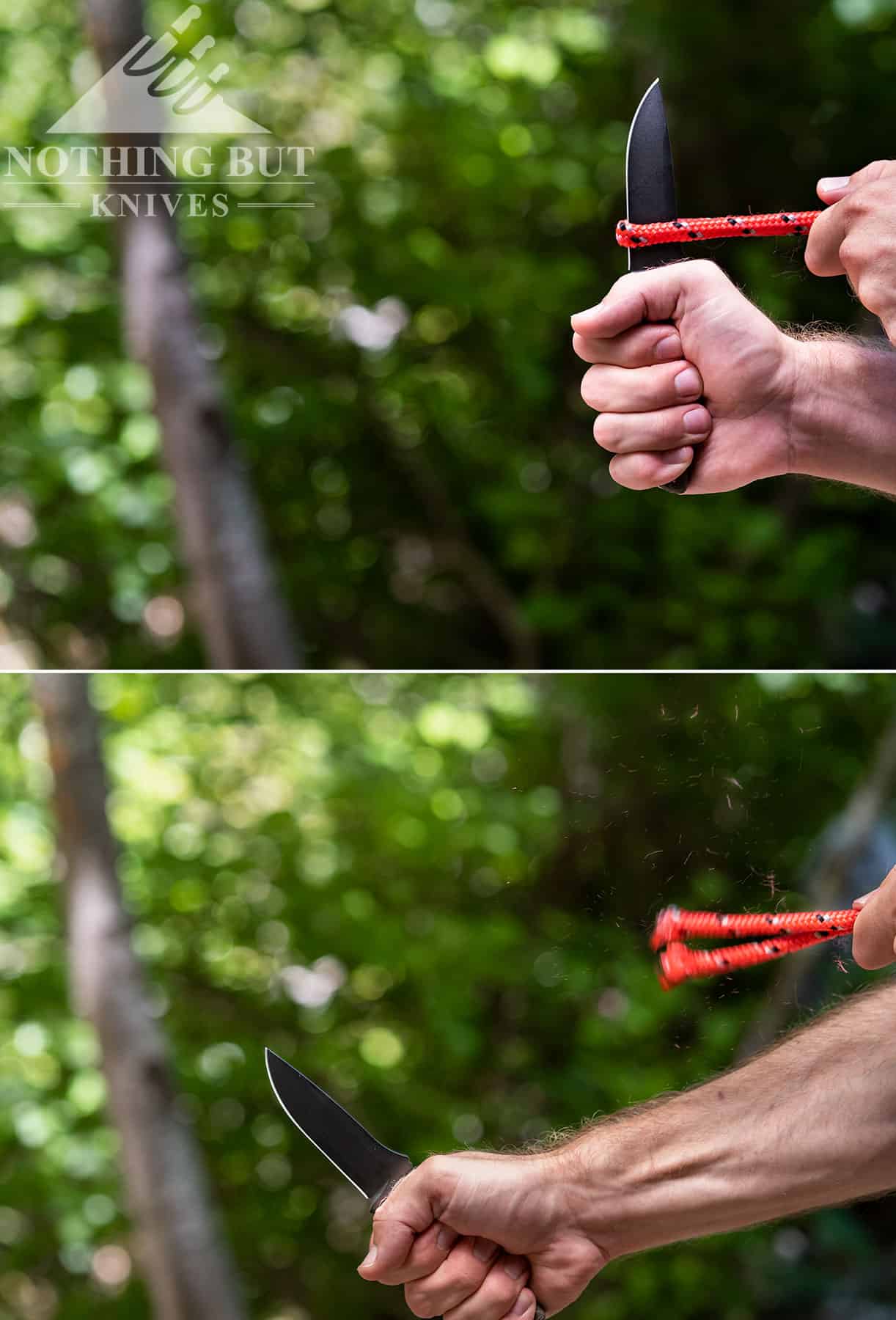 Spartan Blades Alala Knife Review - Image 5 This rope slicing image show's the amount of force required to accomplish simple tasks with the Alala.