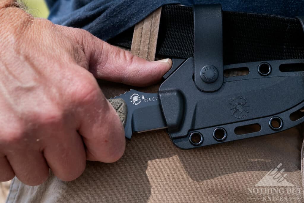 The Alala from Spartan Blades ships with a versatile horizontal carry sheath.
