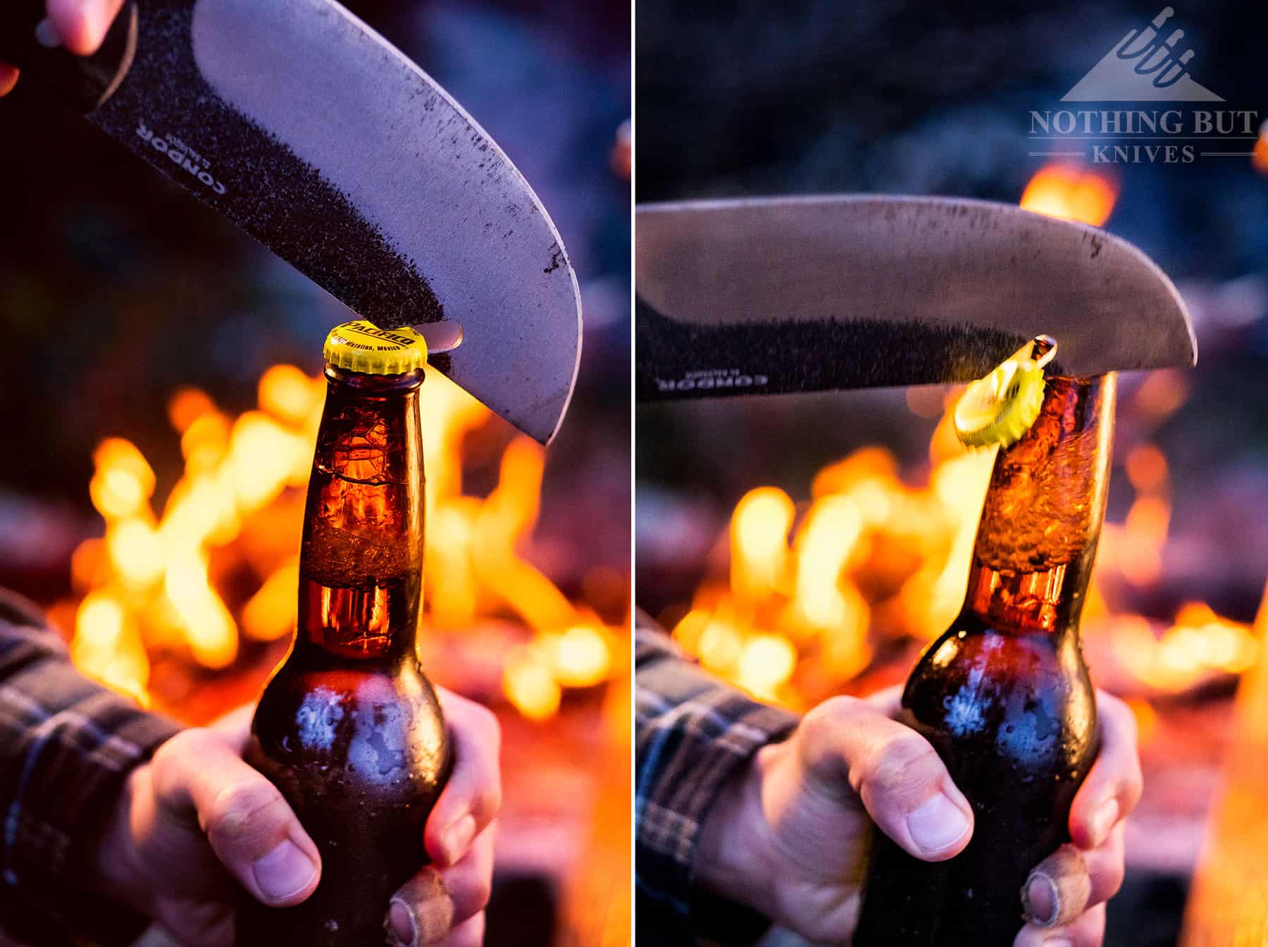 This two image montage shows the technique for using the Condor Bush Slicer blade notch as a bottle opener.