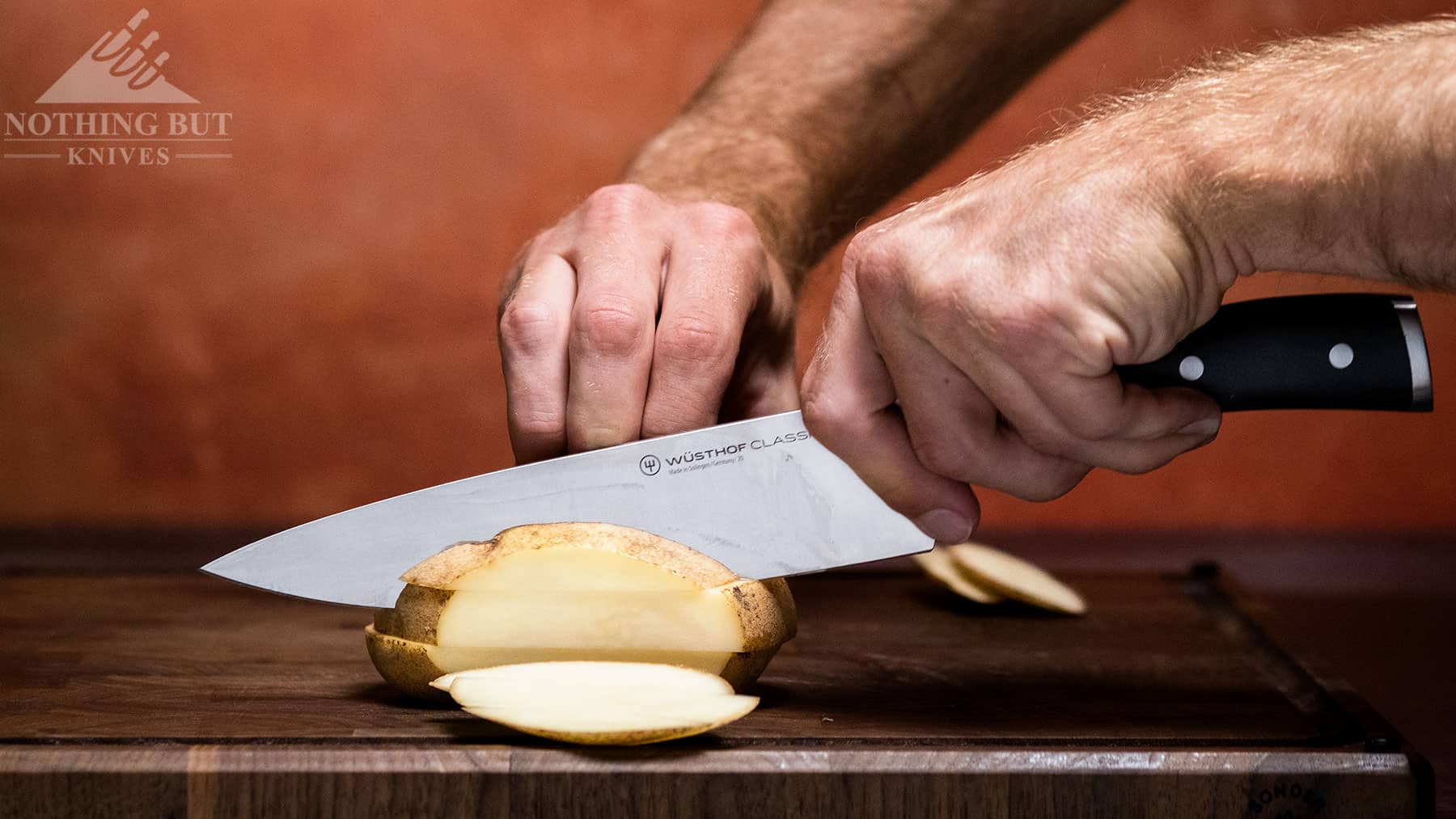 The Classic Ikon chef knife is a capable food prep knife. Its capability is shown here dicing a potato. 