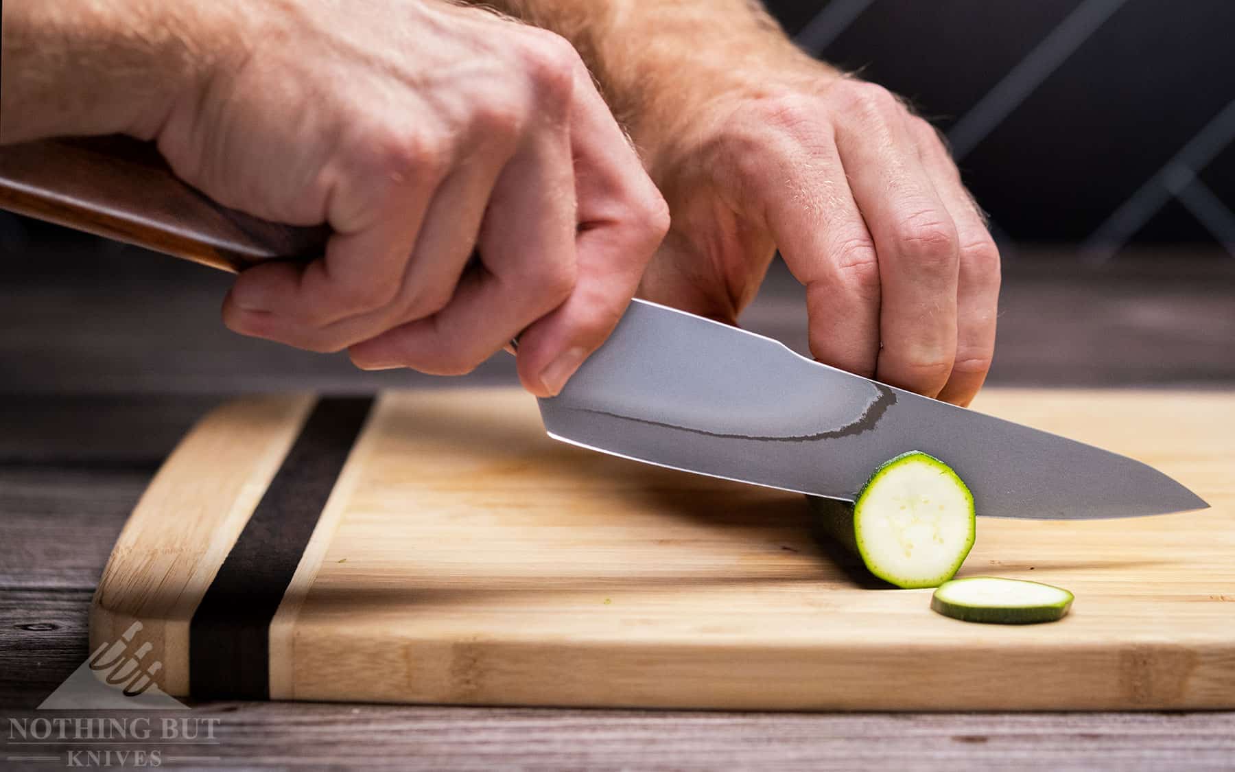 We tested the edge retention of the XinCraft 8.4 inch chef knife by cutting harder vegetables like zucchini.